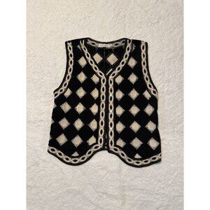 Lit e Mode Women's Crochet Knit Black & Sun Diamond Plaid Pattern Vest Medium